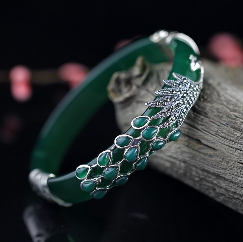 Peacock Natural Jade Bangle Bracelet