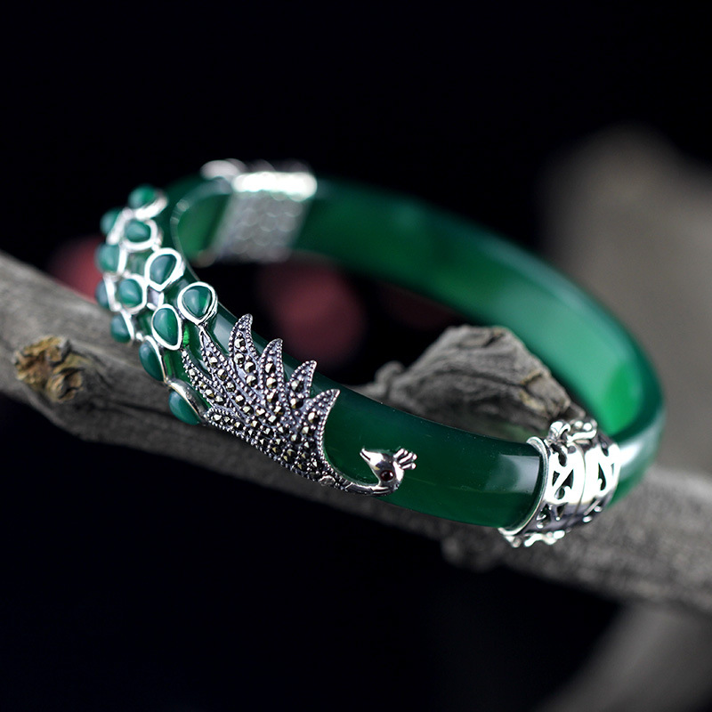 Peacock Natural Jade Bangle Bracelet - Image 3