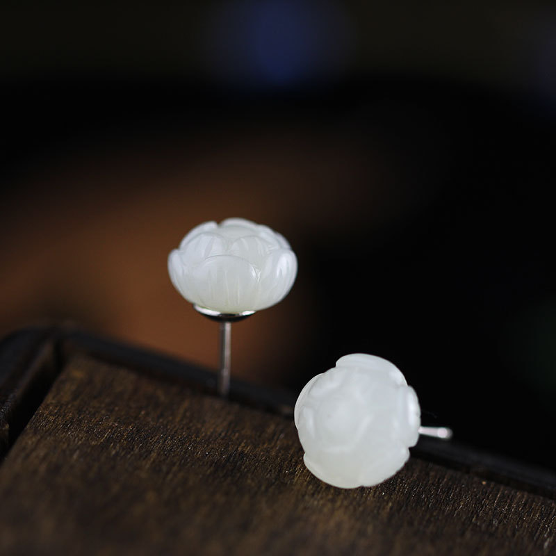 Natural White Jade Flower Earrings - Image 2