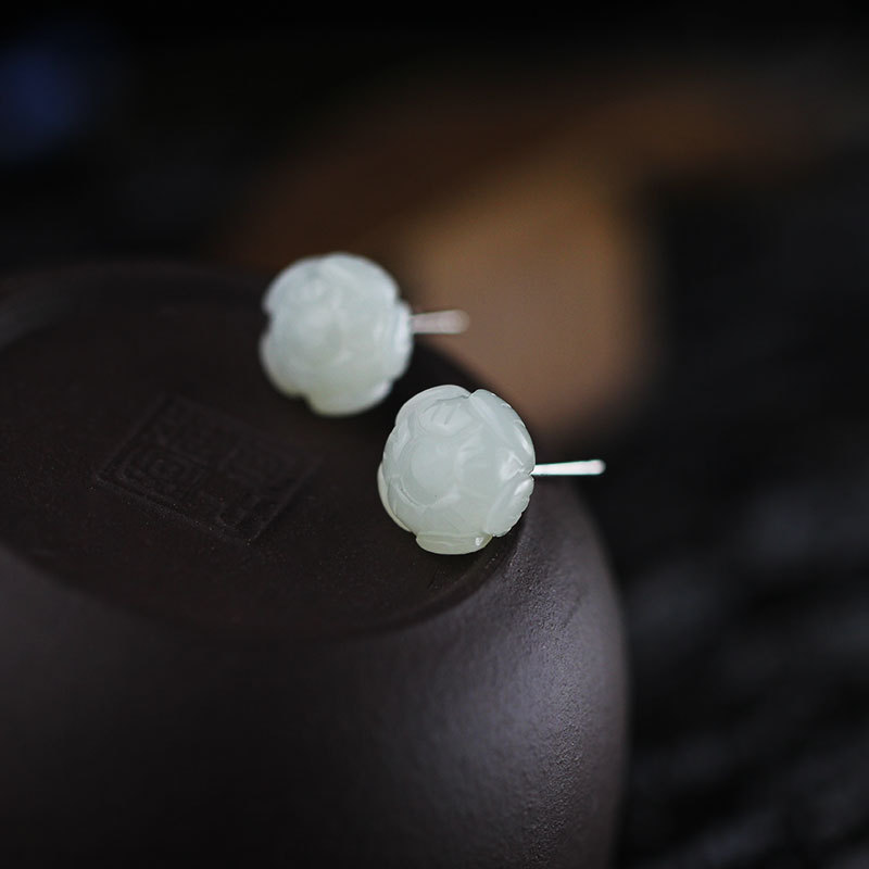 Natural White Jade Flower Earrings - Image 3