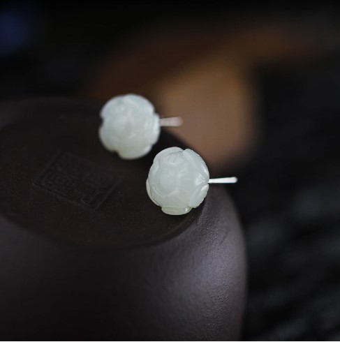 Natural White Jade Flower Earrings